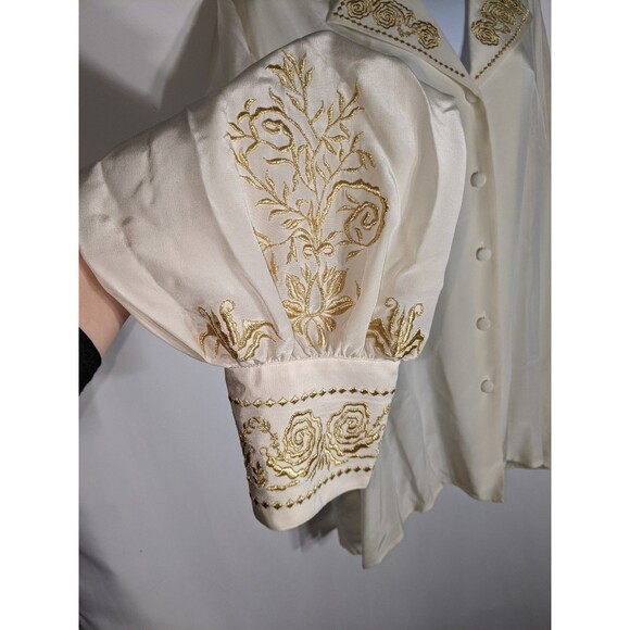 NWT Vtg DVF 100% Silk Blouse Sz L Ivory Gold Floral Embroidery Luxury Designer - Picture 9 of 15